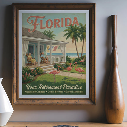 Vintage "Florida" travel poster with flamingos and beach scene.
