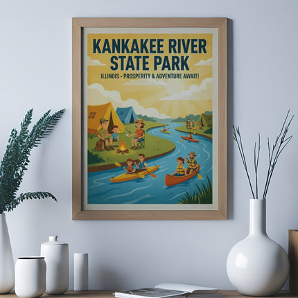Kankakee River State Park Illinois poster showing people kayaking and camping.