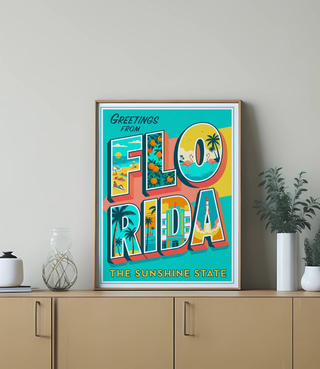 Greetings from Florida postcard with beach, flamingos, and rocket launch scenes.