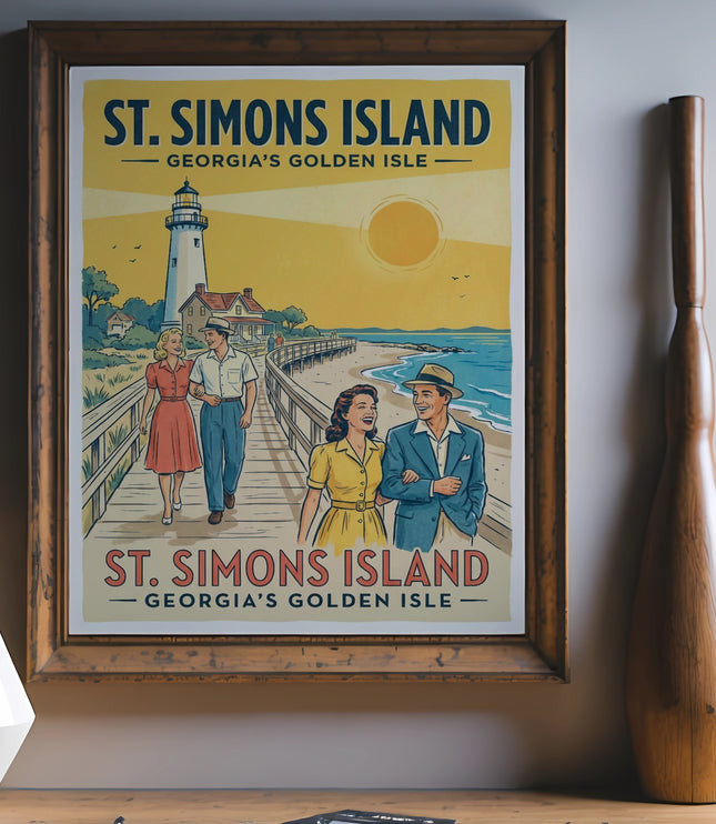 Vintage poster with St. Simons Island lighthouse, couples strolling, and beach scene.