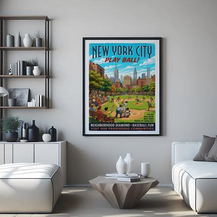 New York City Play Ball! vintage baseball poster with text.