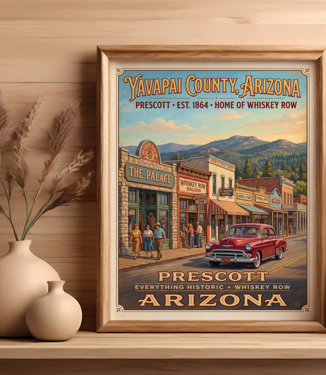 Vintaged poster of Yavapai County, Arizona showing Prescott's Whiskey Row and a classic car.