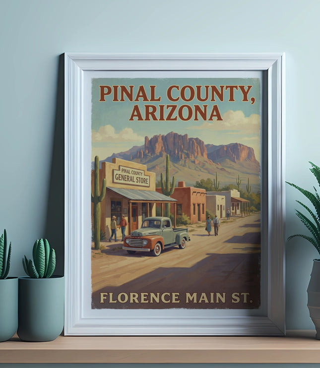 Pinal County, Arizona vintage poster with buildings, truck, and mountains.