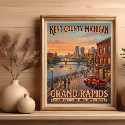 Artwork depicting Kent County, Michigan, with Grand Rapids riverfront, vintage truck, and cityscape.
