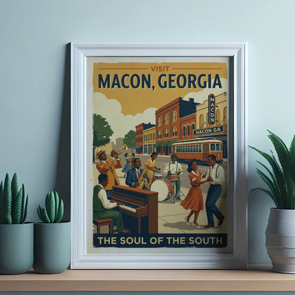 Framed vintage poster of musicians playing with "Visit Macon, Georgia" text.