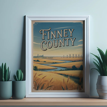 Vintage Finney County poster with wheat fields and wind turbines.