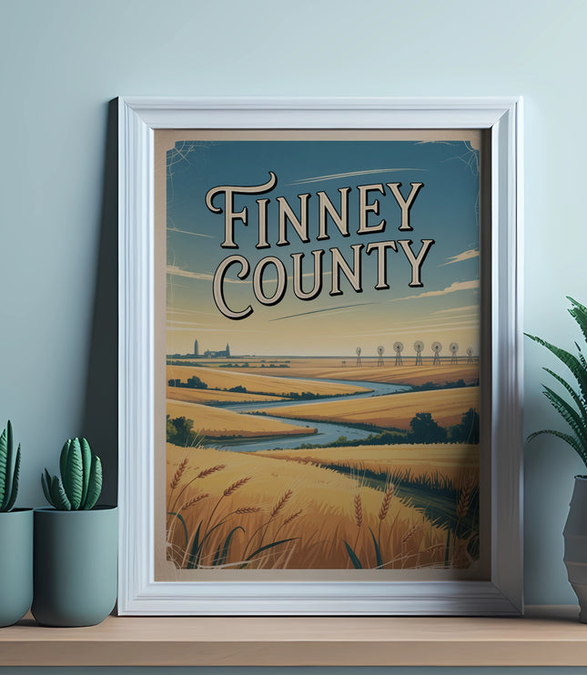 Vintage Finney County poster with wheat fields and wind turbines.