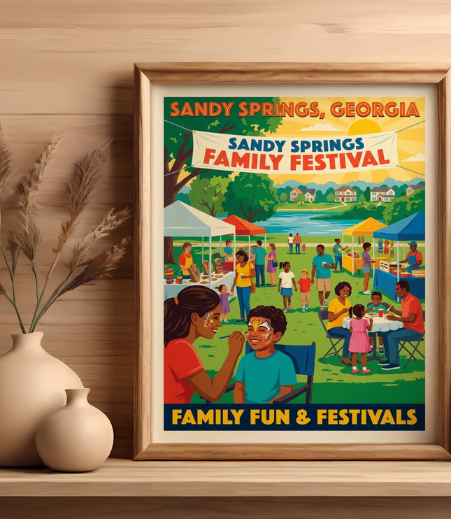 Sandy Springs, Georgia Family Festival poster with face painting and food vendors.