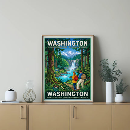 Poster depicting Washington's Olympic National Park with hikers and waterfall.