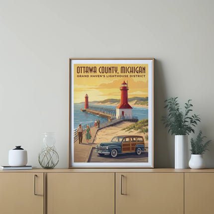 Ottawa County, Michigan art depicting Grand Haven's lighthouse, pier, and vintage car.