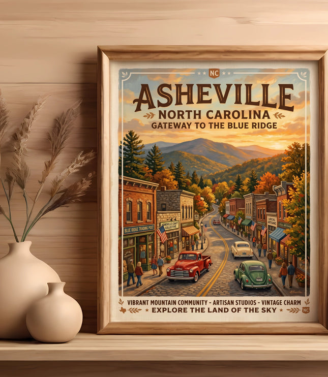 Asheville North Carolina vintage poster depicting a street scene with mountains under a sunset sky.