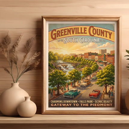 Greenville County South Carolina retro travel poster with downtown scene.