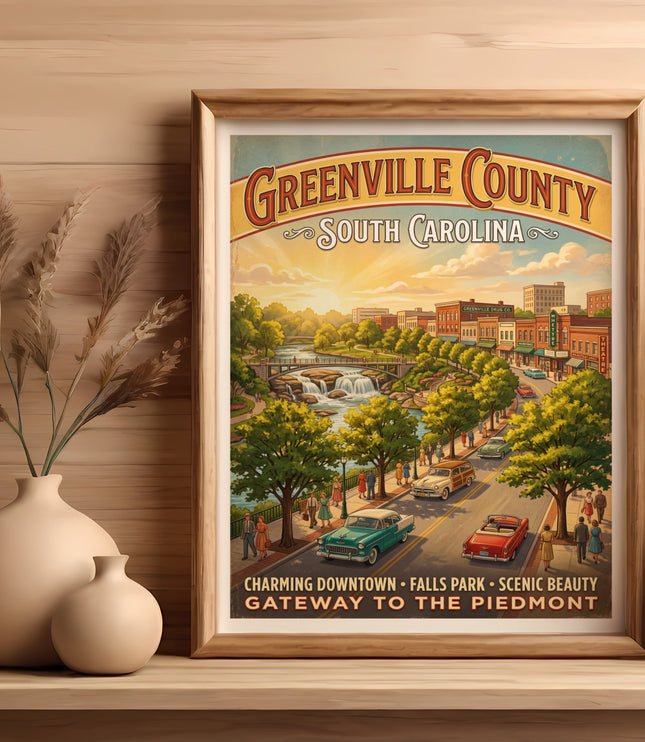 Greenville County South Carolina retro travel poster with downtown scene.