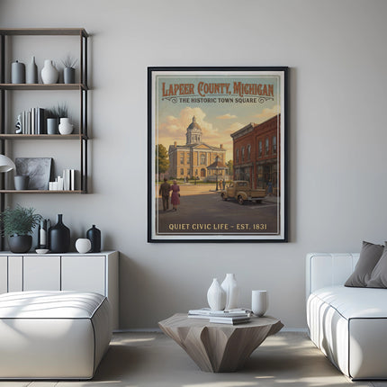 Lapeer County, Michigan historic town square poster with a courthouse and vintage truck.