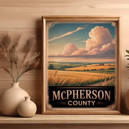 Framed artwork depicts a golden wheat field under a cloudy sky with "McPherson County" text.