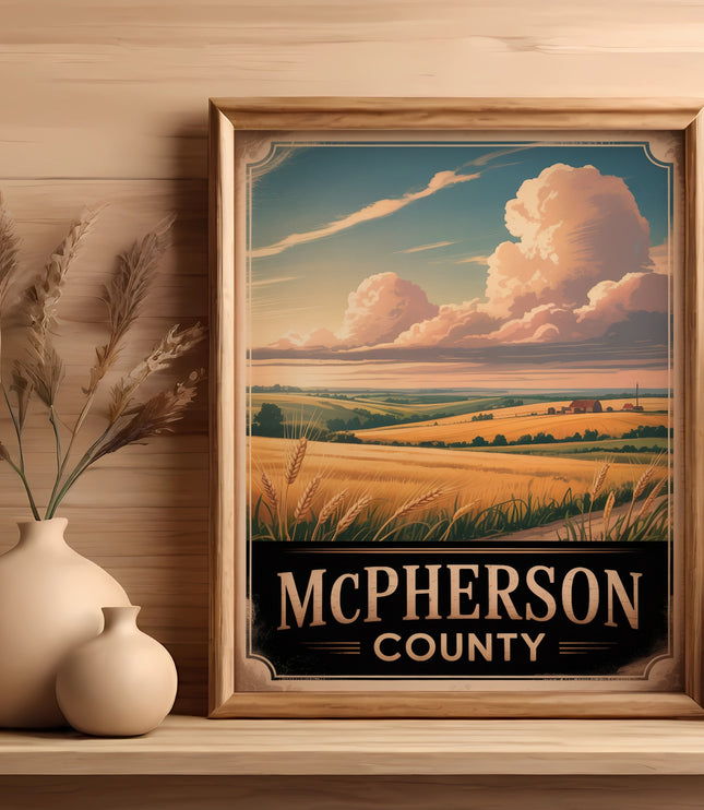 Framed artwork depicts a golden wheat field under a cloudy sky with "McPherson County" text.