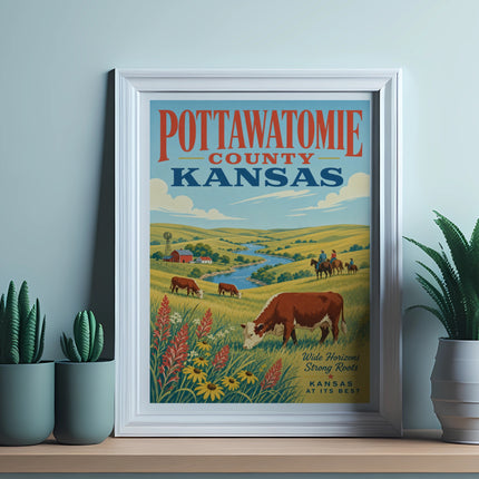 Pottawatomie County Kansas retro poster with cattle, farm, and landscape.