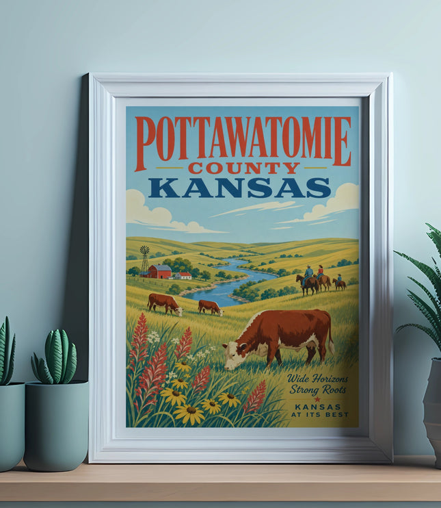 Pottawatomie County Kansas retro poster with cattle, farm, and landscape.