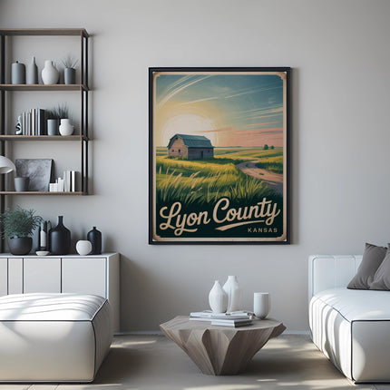 Framed "Lyon County Kansas" poster above white sofa with geometric coffee table.