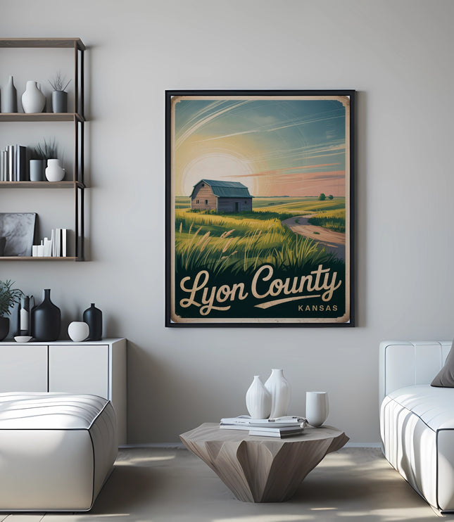 Framed "Lyon County Kansas" poster above white sofa with geometric coffee table.