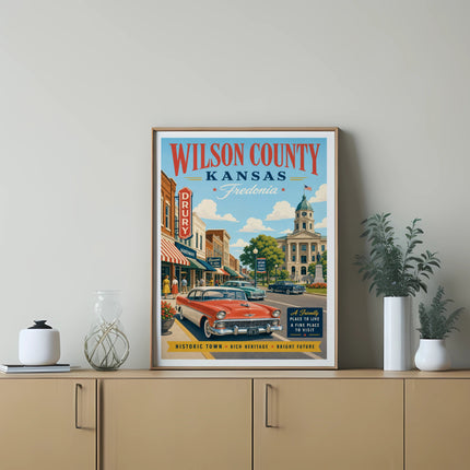 Vintage poster of Fredonia, Wilson County, Kansas, featuring a red car.