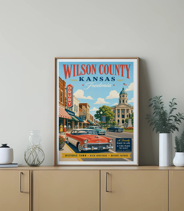 Vintage poster of Fredonia, Wilson County, Kansas, featuring a red car.