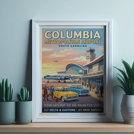 Vintage poster for Columbia Metropolitan Airport with vintage planes, cars, and people.
