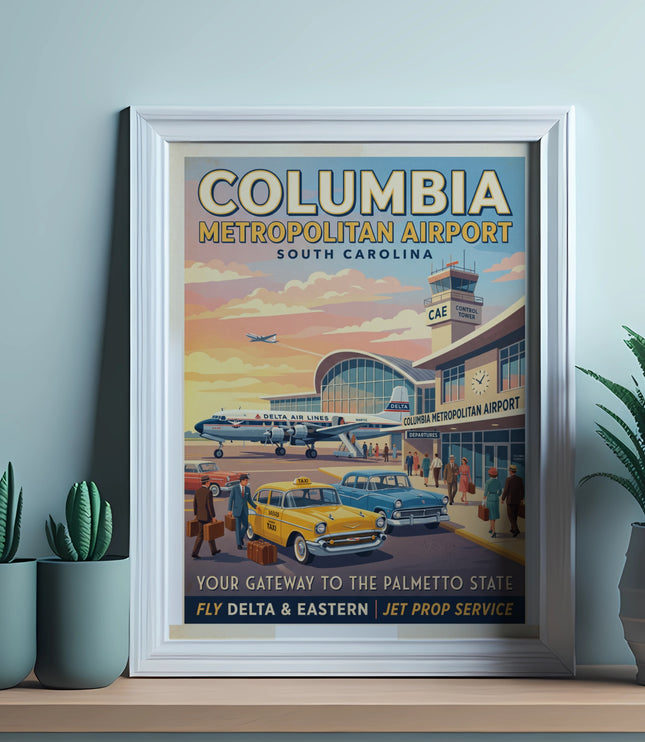 Vintage poster for Columbia Metropolitan Airport with vintage planes, cars, and people.
