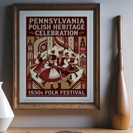 Pennsylvania Polish Heritage Celebration 1930s Folk Festival poster in ornate frame.