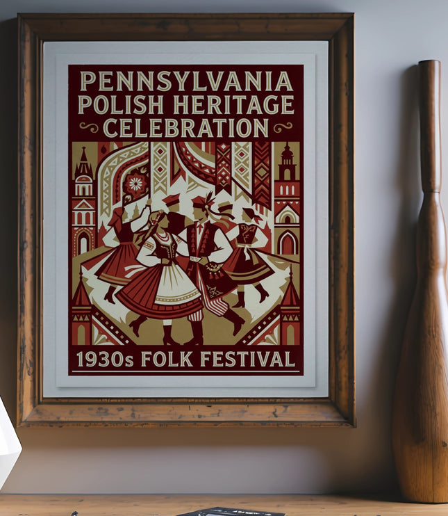 Pennsylvania Polish Heritage Celebration 1930s Folk Festival poster in ornate frame.