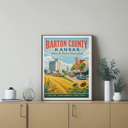 Barton County Kansas poster with text and illustration of a rural landscape.