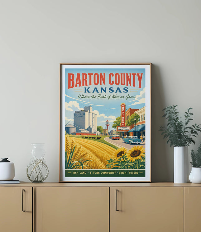 Barton County Kansas poster with text and illustration of a rural landscape.