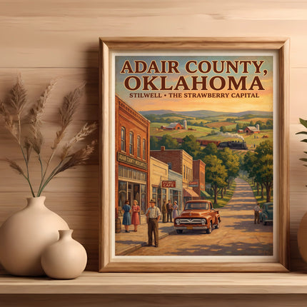 Adair County Oklahoma postcard of Stilwell, strawberry capital, with town and landscape.