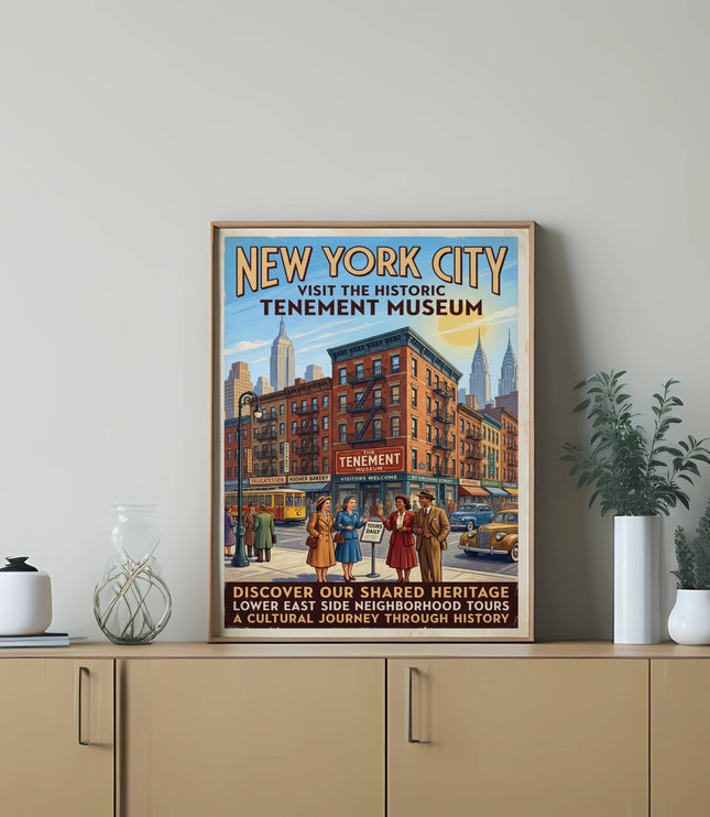 New York City Tenement Museum vintage poster featuring street scene and city skyline.