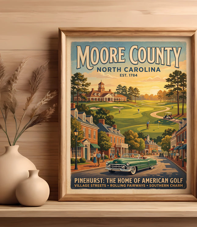 Moore County North Carolina Est. 1784 poster with Pinehurst golf scene.
