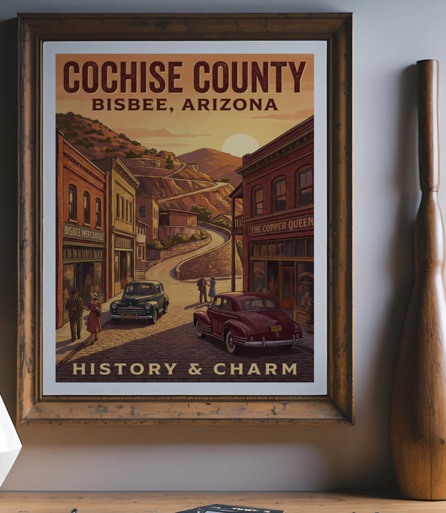 Cochise County Bisbee Arizona vintage poster with buildings, cars, and mountains.