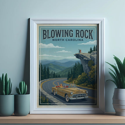 Blowing Rock, North Carolina vintage travel poster with convertible car and mountain overlook.