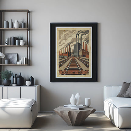 Framed vintage factory poster with text "Chicago: Heart of Industry" above a railroad.