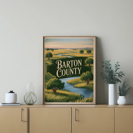 Barton County Kansas landscape art print with river, trees, and rolling hills.