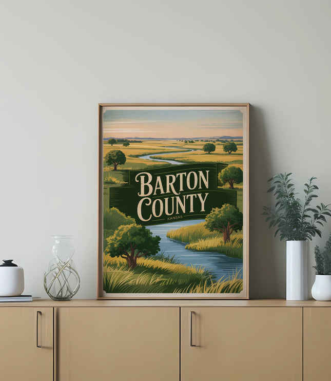 Barton County Kansas landscape art print with river, trees, and rolling hills.