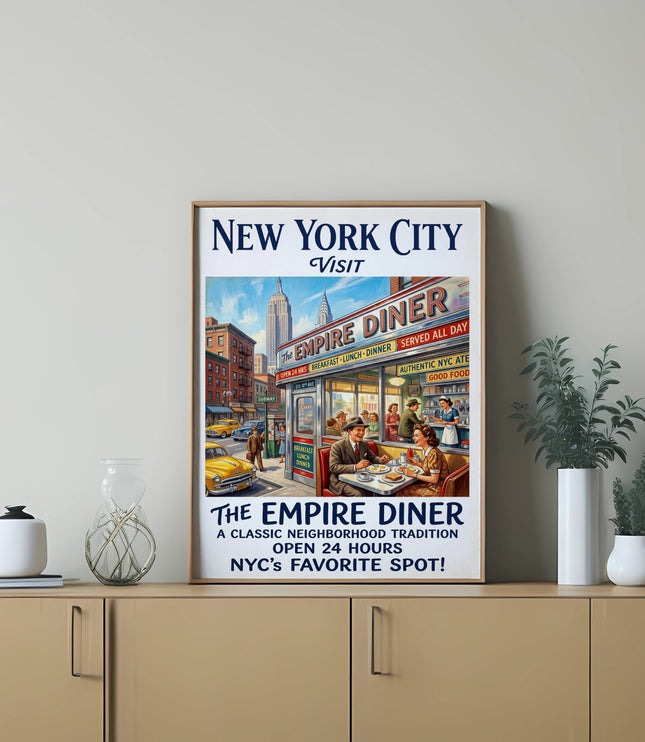 Vintage New York City art depicting the Empire Diner with text.