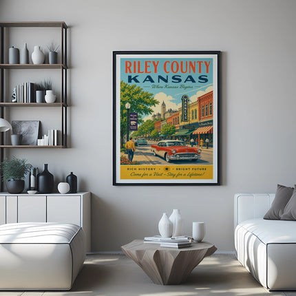 Riley County Kansas travel poster with vintage car and city buildings.