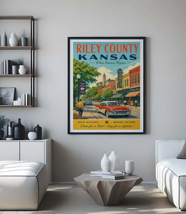 Riley County Kansas travel poster with vintage car and city buildings.