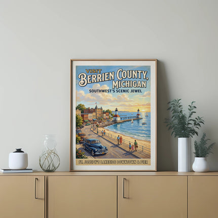 Vintage poster of St. Joseph's Lakeside Downtown and Pier in Berrien County, Michigan.
