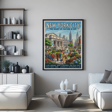 New York City poster with buildings, park, and text.
