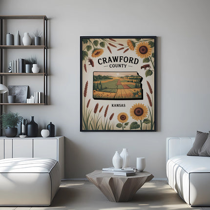 Framed artwork with sunflowers and fields titled "Crawford County Kansas."