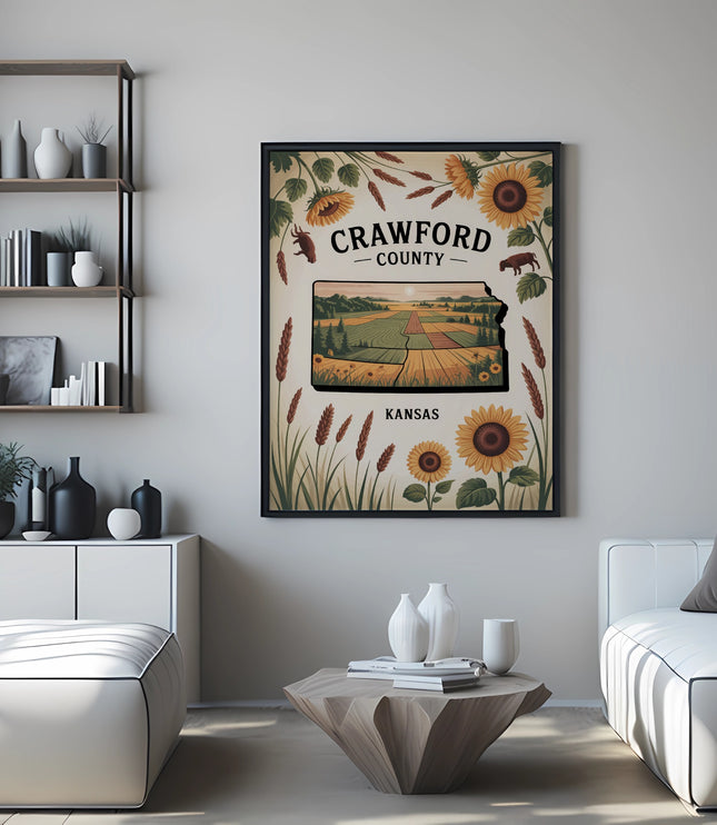 Framed artwork with sunflowers and fields titled "Crawford County Kansas."