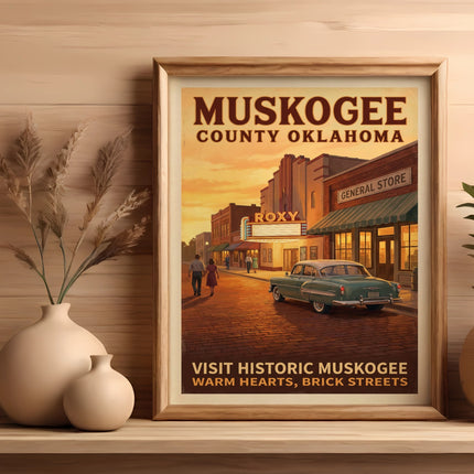 Vintage poster of Muskogee County, Oklahoma, featuring a street scene with the Roxy theater.