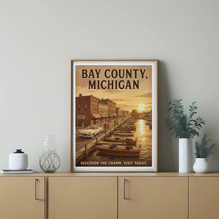 Vintage poster for Bay County, Michigan with a waterfront scene and boats.