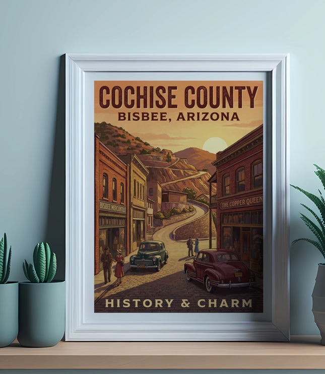 Cochise County Bisbee Arizona poster, vintage street scene with cars, "History & Charm" text.